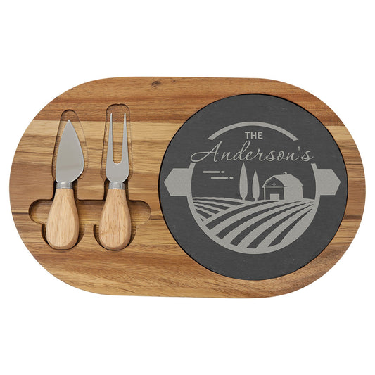 Acacia Wood/Slate Oval Cheese Set with Tools
